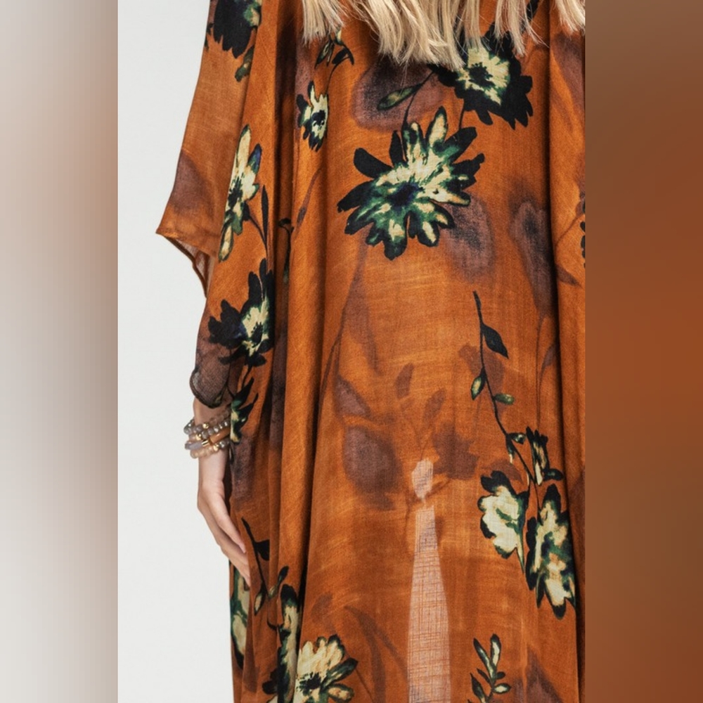 Bohemian Rust Floral Print Kimono w/ Side Slits - Rich Deep Colors - Picture 5 of 7